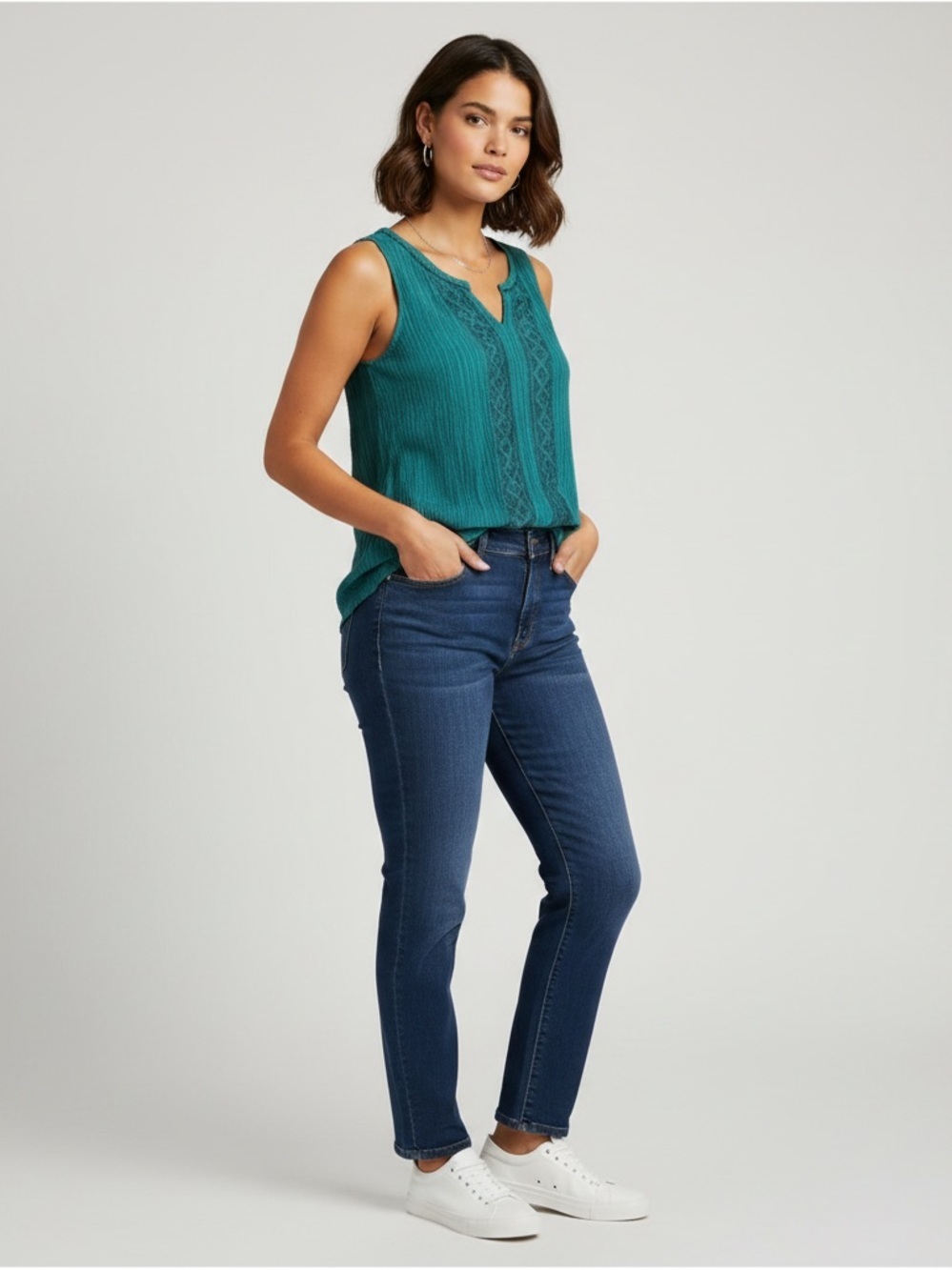 Lane Bryant Teal Sleeveless V-Neck Pintuck Embroidered Blouse Plus Size 14